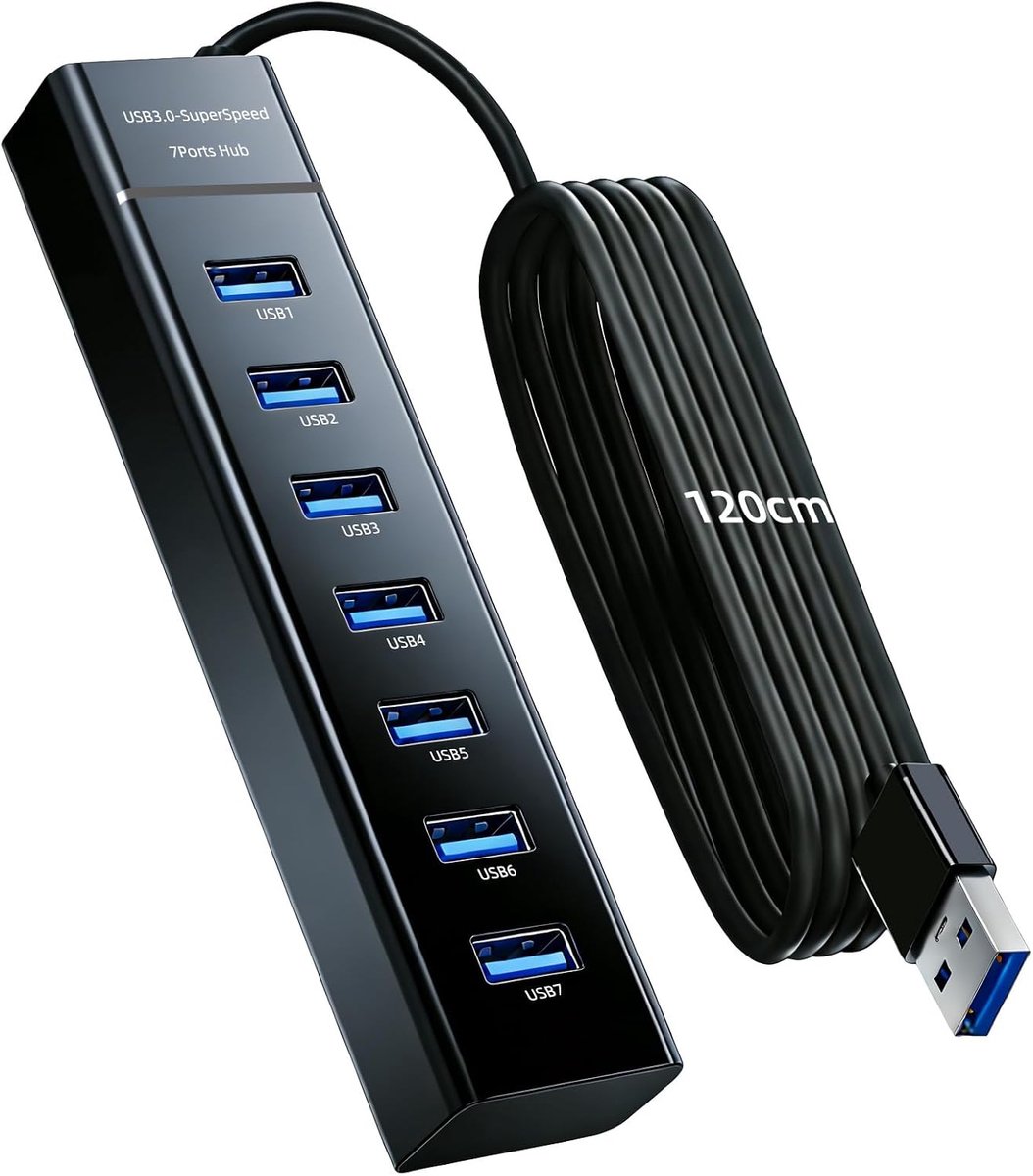 7 Port USB Hub 3.0 with 1.2m Cable, Aluminum USB Divider 5Gbps Multiport Adapter with Type-C Power Port for PC - ShopVlot