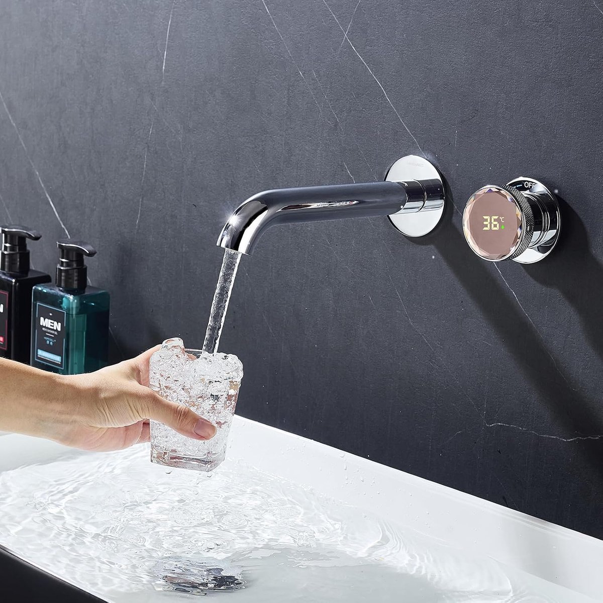 Basin Faucet Underputz for Wall Mounting, Bathroom Faucet with LED Temperature Display, Basin Faucets with 2 Water Jet - ShopVlot