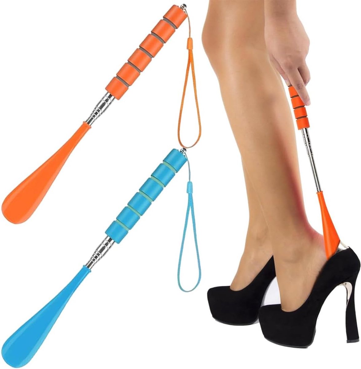 Telescopic Shoehorn, 2 Pieces, Adjustable Length 30-70 cm, Stainless Steel, Colour Orange and Blue, for Men, Women - ShopVlot