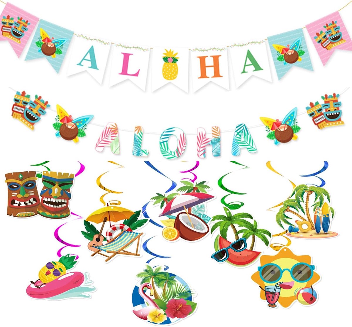 Hawaiiaanse feestdecoraties, ALOHA banner en strandfeestdecoraties, hangende wervelingen, strandzwembaddecoraties voor - ShopVlot