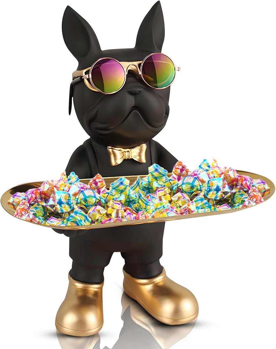 Huhote Bulldog Sculpture with Tray, French Bulldog Decorative Sculpture Dog Key Bowl, Bulldog Statue for Hallway - ShopVlot