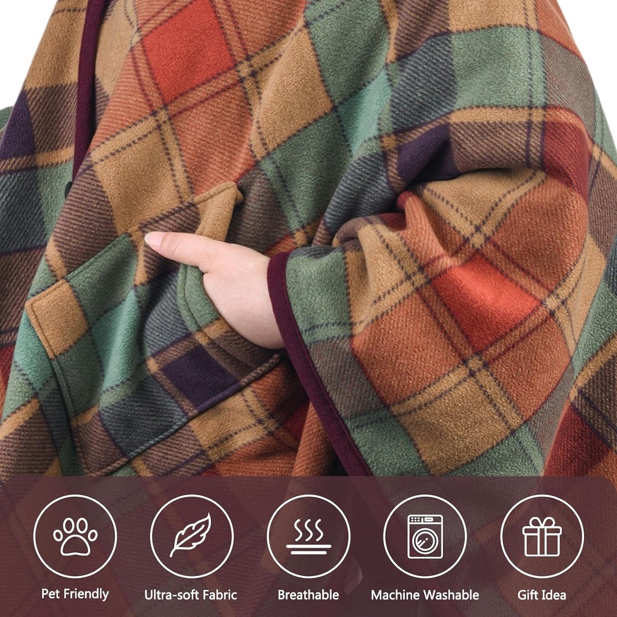 Poncho fleece wearable deken - flanellen sjaal deken - comfortabel met knopen en zakken - ideaal voor bed en bank - ShopVlot
