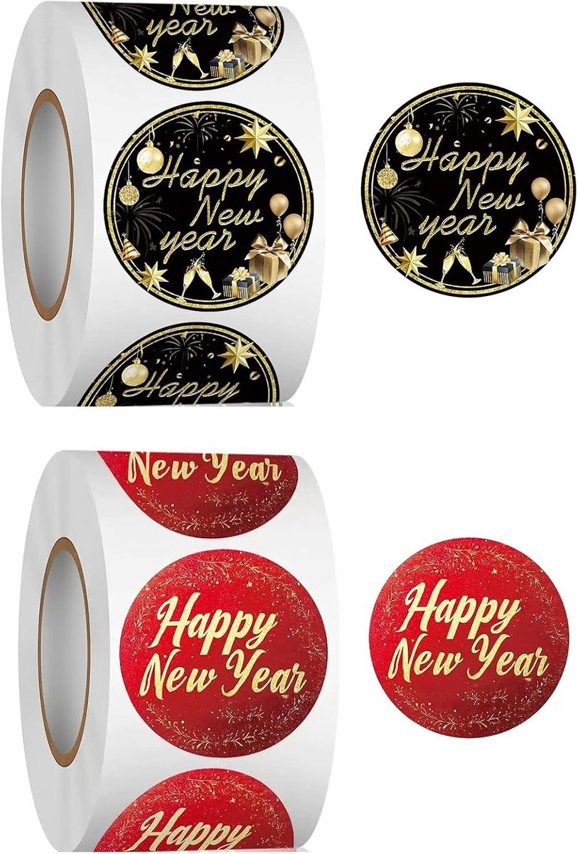 Gelukkig nieuwjaarsstickers 1000 stuks - ronde 2,5 cm - gouden ontwerp - perfect voor feestdecoratie - ShopVlot