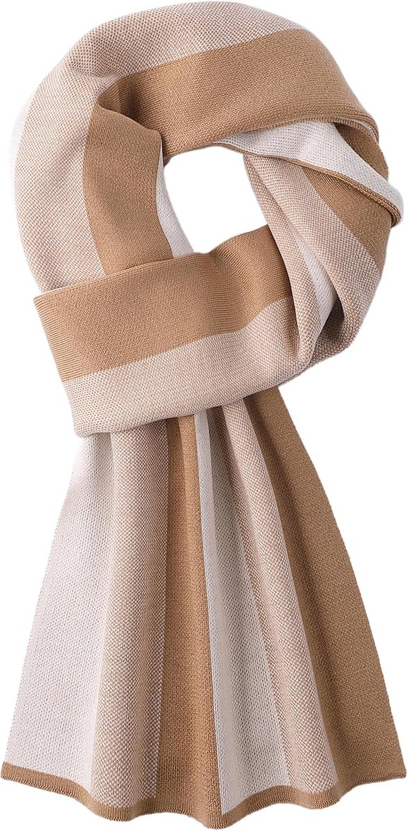 Mannen gebreide sjaal 180x30cm - 6% wol - gestreept khaki & beige - stijlvol en warm - ShopVlot