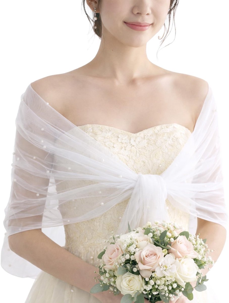 Solidchoice - Elegante Witte Bruidssjaal met Kunstparels