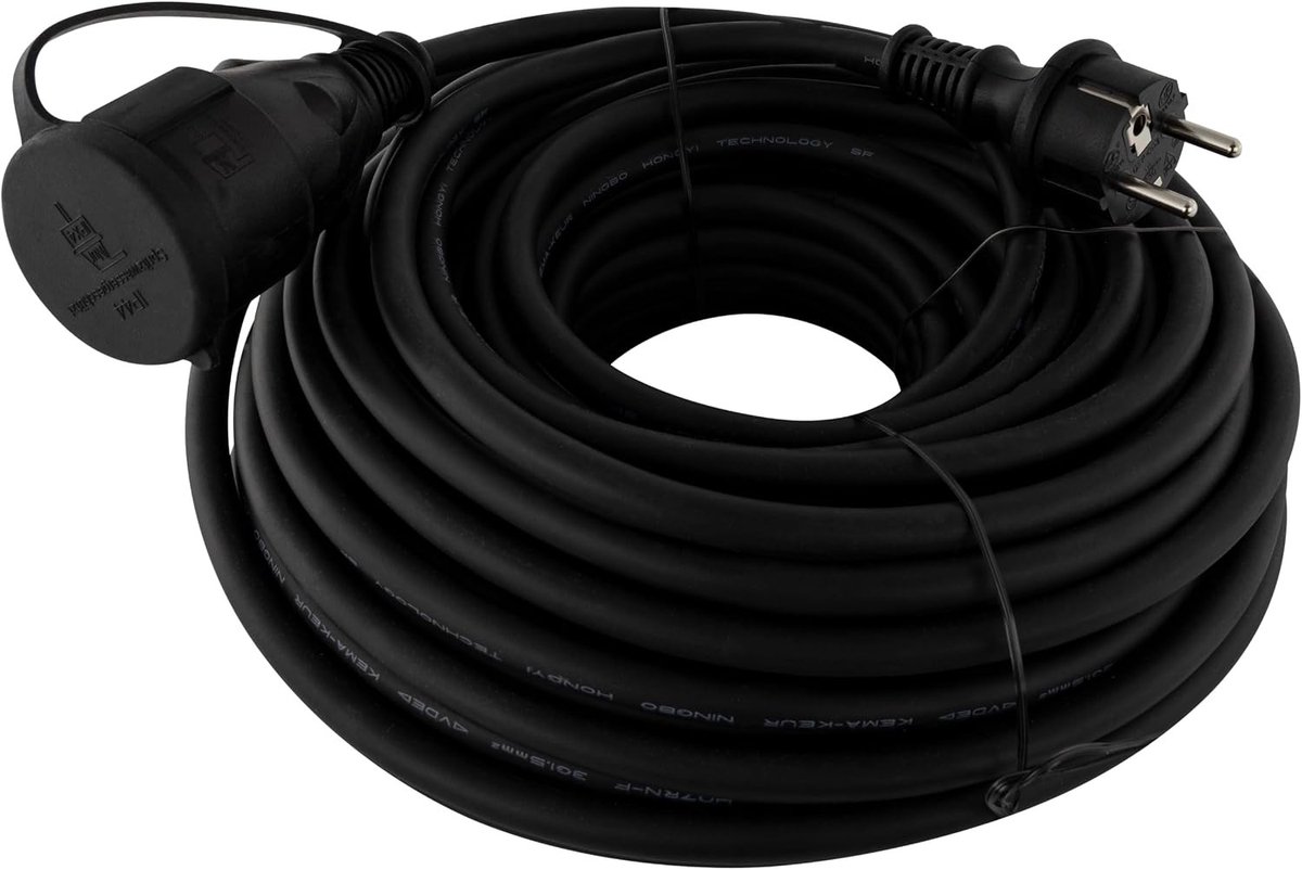 Verlengkabel - Zwart - 25 m - Waterdichte kabel met geaarde stekker - Voor Buitengebruik