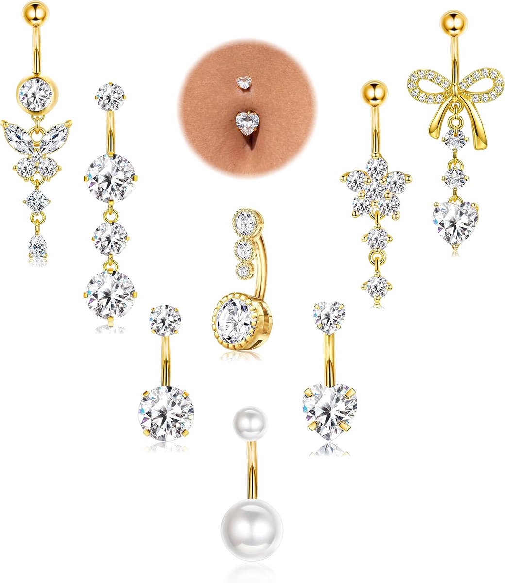 Navelpiercingset 8 stuks - zilver, goud - roestvrij staal - trendy ontwerpen - ShopVlot