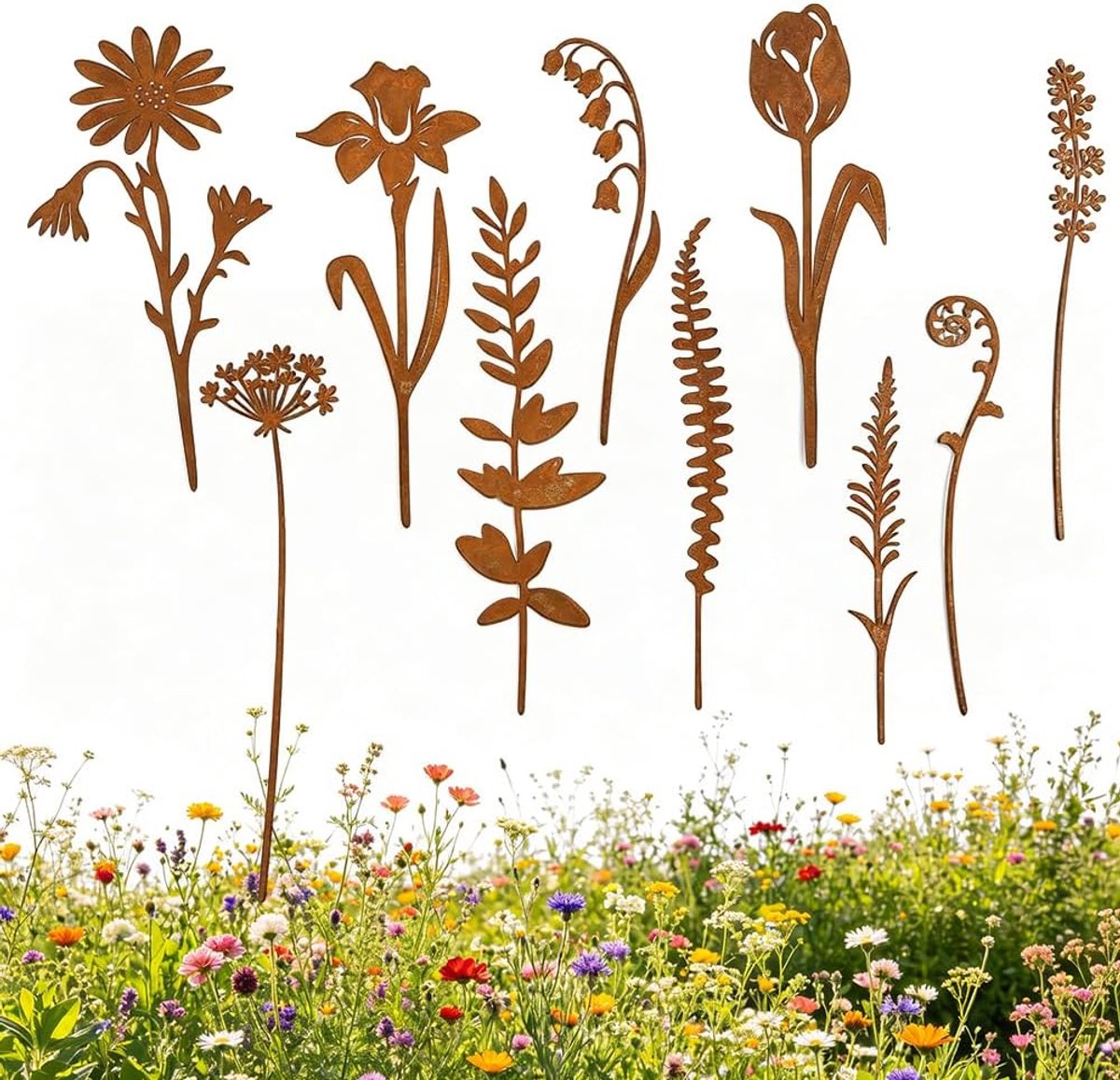 Tuinsteker roestbloemen - 10 stuks metalen bloemenstekers - roestdecoratie - vintage charme voor tuin - ShopVlot