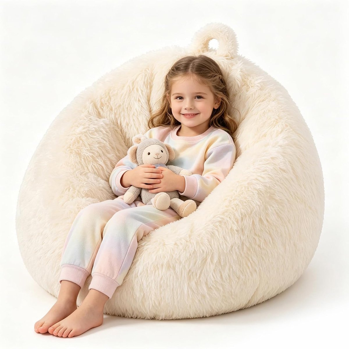 Zitzakhoes 70x80cm - kunstbont fauteuil - pluizig beige knuffeldier - handige opbergruimte - ShopVlot