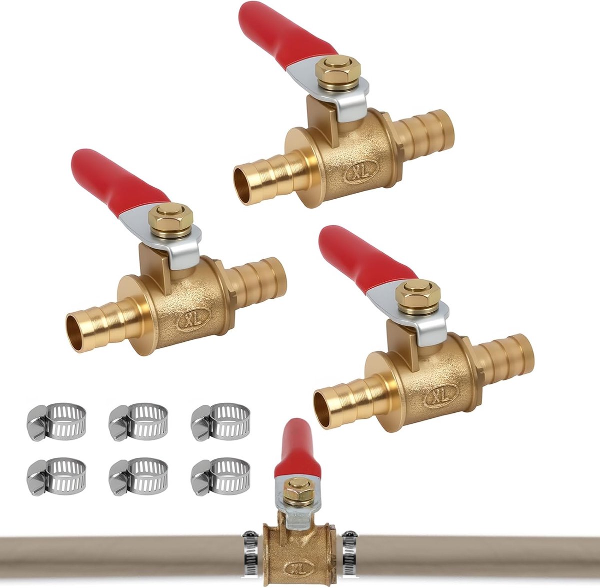 Kogelafsluiter 8 mm - Messing met 6 RVS Slangklemmen - 180° Handgreep - Geschikt voor Lucht- en Brandstofleidingen - ShopVlot