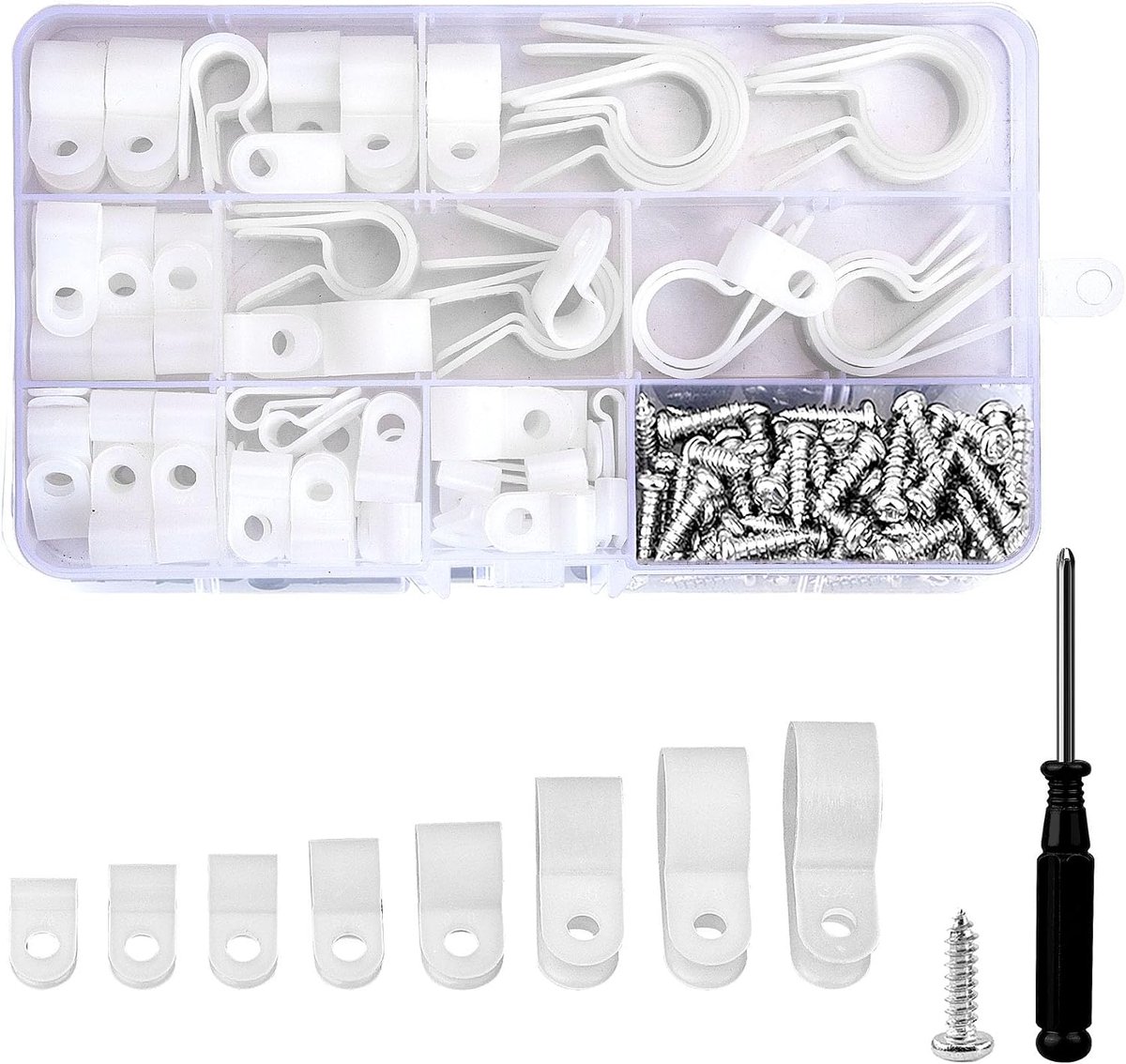 DesertBoy 151 Pieces Nylon R-Type Cable Clips White Nylon R-Clips Clamp Set with Screwdriver and Screws for Organizing - ShopVlot