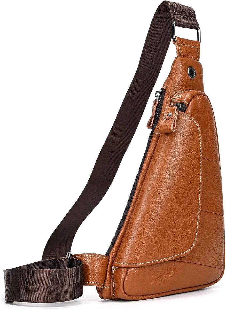 Genuine Leather Sling Bag for Men Casual Crossbody Backpack Small Shoulder Bag Chest Bag for Travel Sports, 9052 Light - ShopVlot