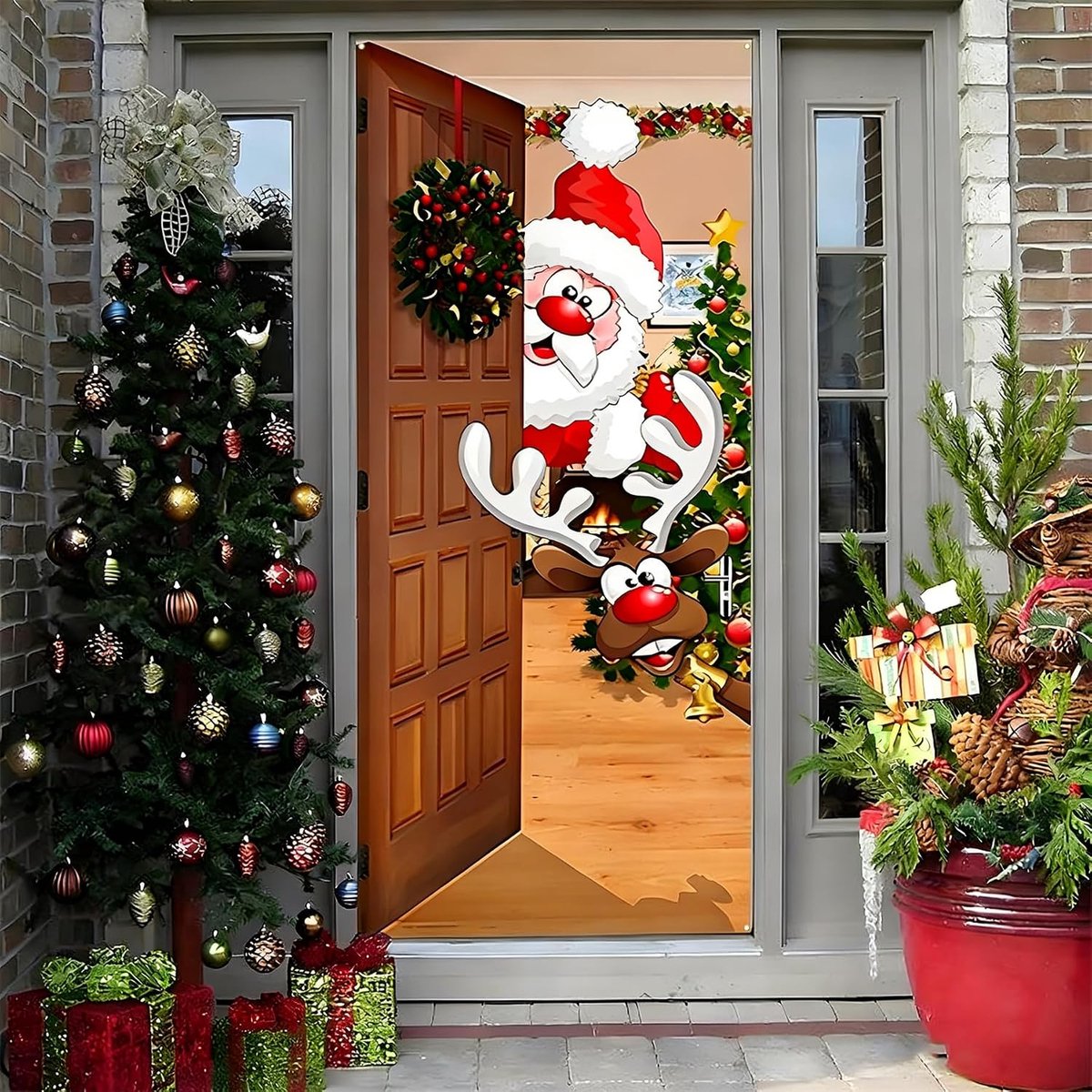 Christmas Decoration Door Cover Decoration Santa Hanging Banner Background Door Cover Christmas for Home Porch Front - ShopVlot