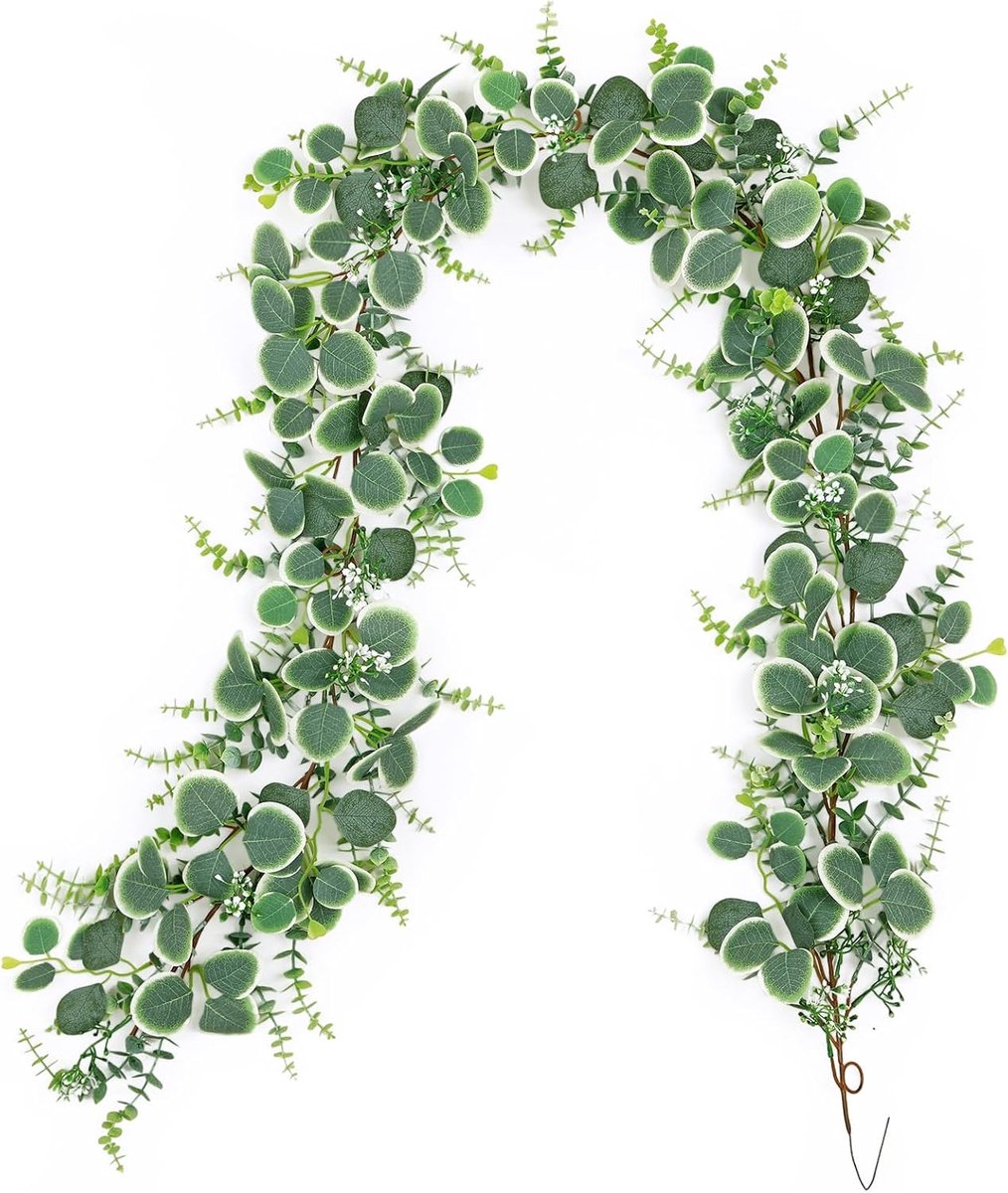 Kunstslingers, eucalyptus met groene bladeren, witte bloemen, slinger, kunstplant, hangplant voor achtergrond - ShopVlot