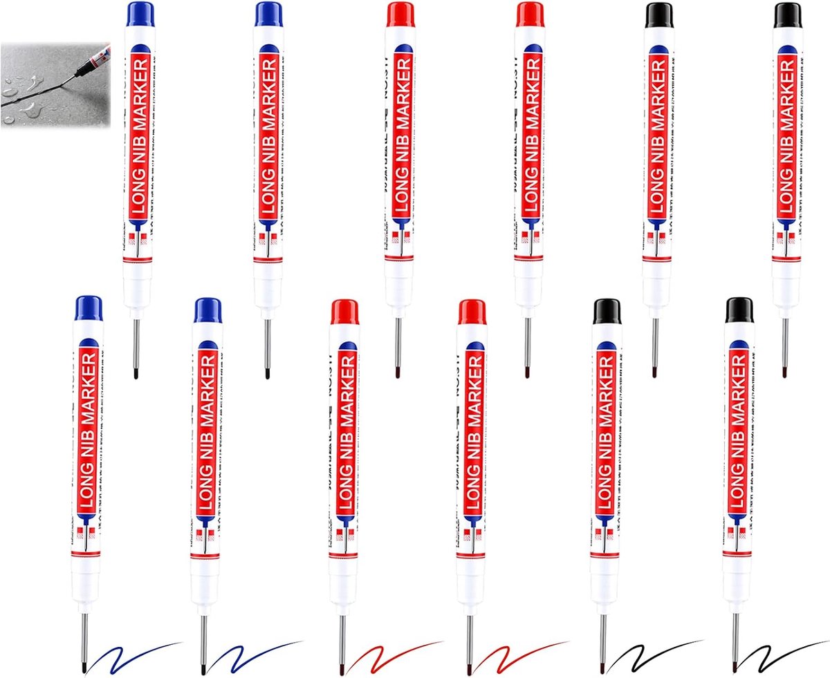 12 stuks, 20 mm diep gat, waterdichte markers, lange punt, timmermansmarkeerstift voor nauwkeurige markeringen, voor - ShopVlot