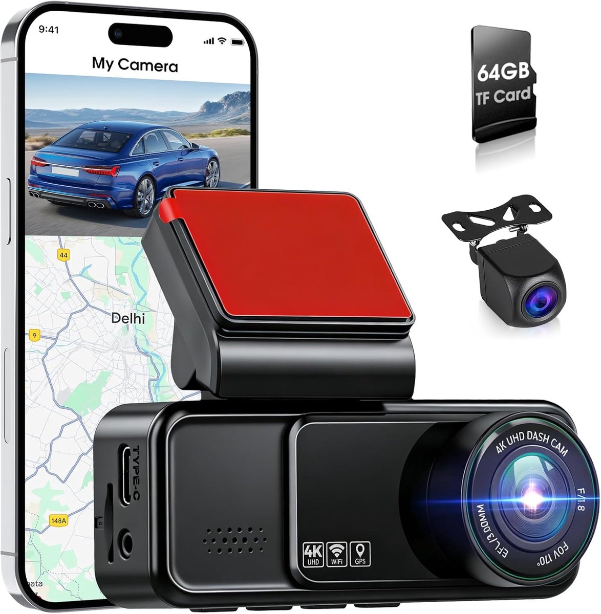 Dual dashboard camera front and rear, 4K UHD front + 2K rear, GPS, Wi-Fi, 150° wide angle, ADAS, parking monitoring - ShopVlot