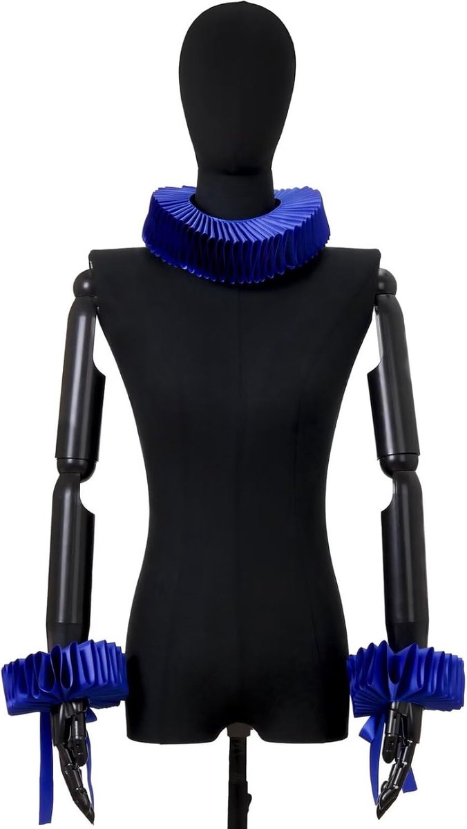 Retro Victorian Mesh Ruched Collar Set Blue Layered Clown Collar Ruched Collar and Victorian Renaissance Cuffs - ShopVlot