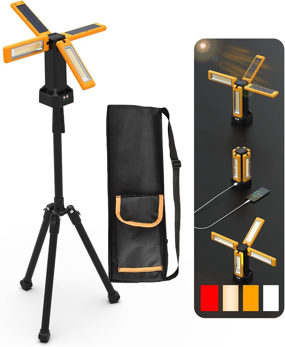Portable LED Solar Flood Light with Tripod, Rechargeable, 13200 mAh, Work Light, Continuous Dimmable - ShopVlot