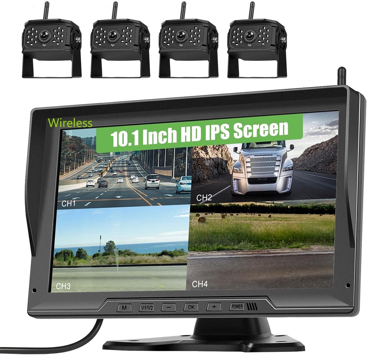 Digitale draadloze achteruitrijcamera, 4 camera's, 10,1 inch IPS HD achteruitrijmonitor met gedeeld scherm met - ShopVlot