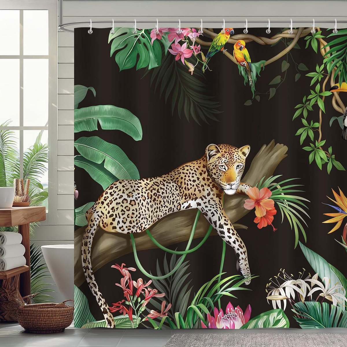 Douchegordijn 180x180cm - Polyester - Schitterend leopard jungle design - Mildew bestendig en machinewasbaar - ShopVlot