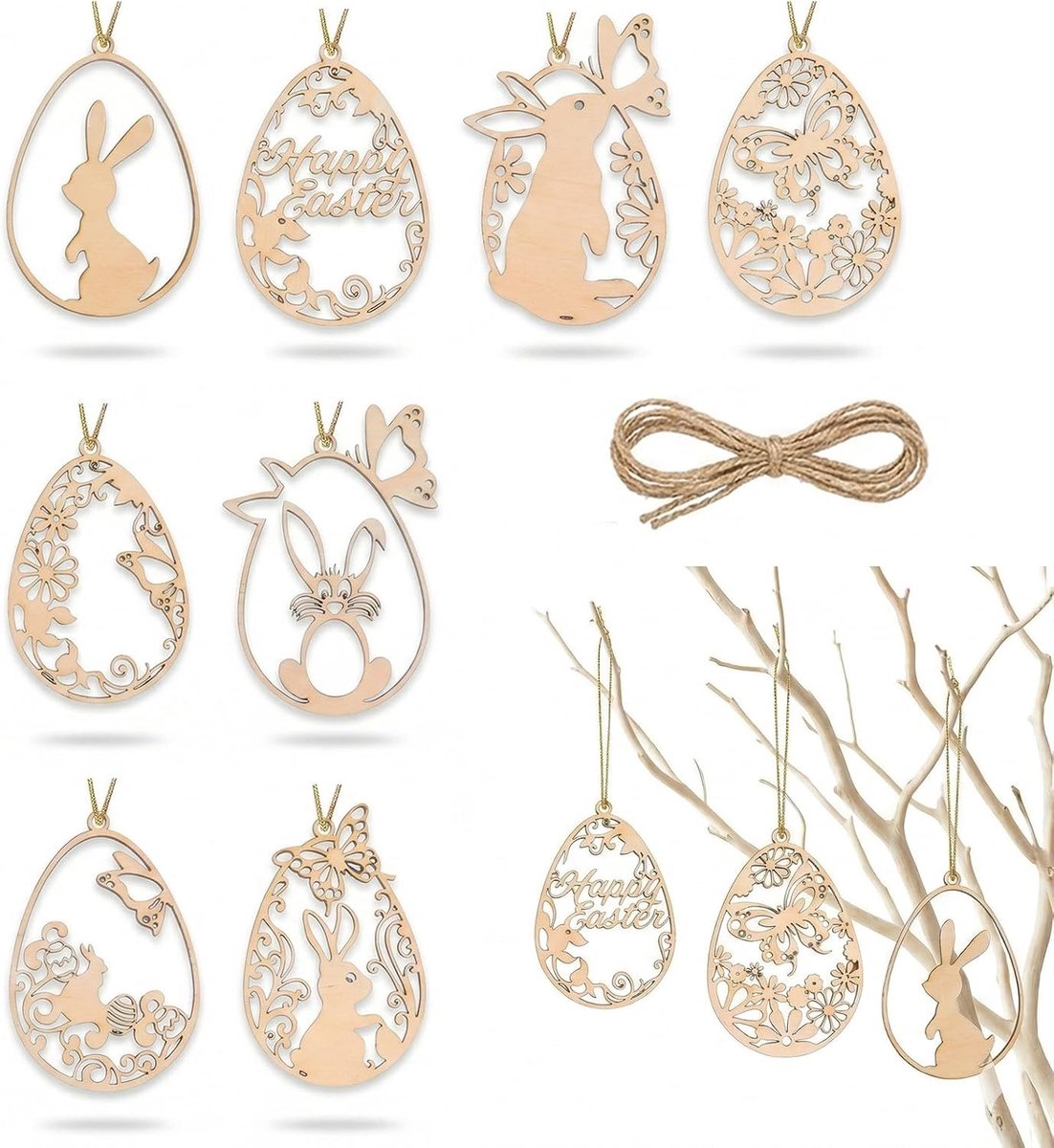 Paasdecoraties set van 8 - houten hangers - met verschillende stijlen - perfecte voorjaarsdecoratie - ShopVlot
