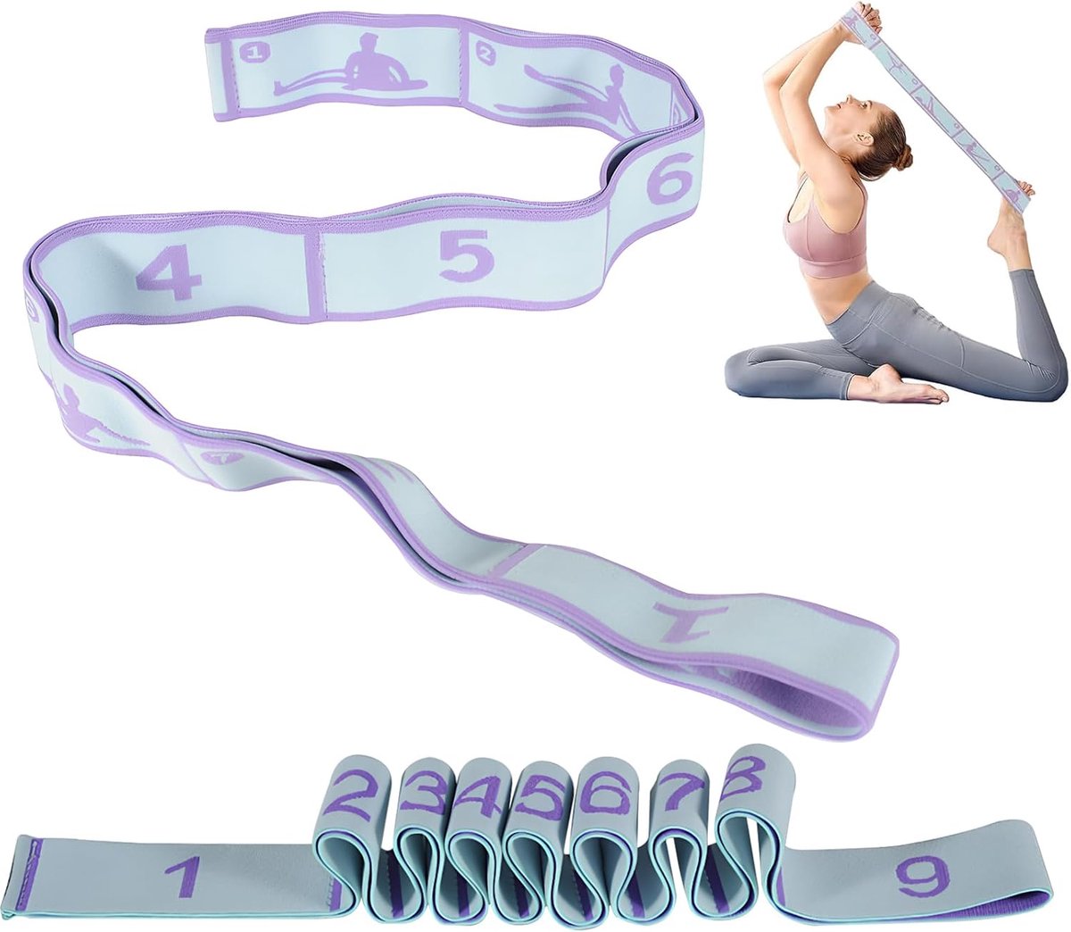 Yoga stretch band set 90 cm en 110 cm - elastisch - 8 lussen paars en 9 lussen blauw - ShopVlot