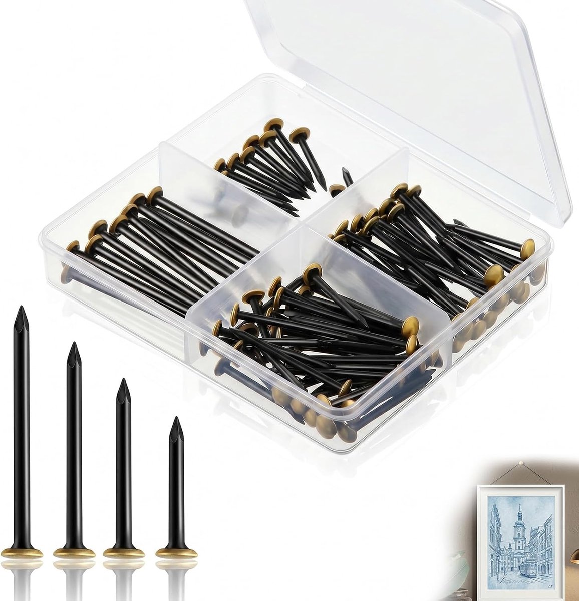 Zolara Set van 120 spijkers (20/25/30/40 mm), stalen spijkers voor fotolijsten, prikborden, canvas, roestvrije - ShopVlot