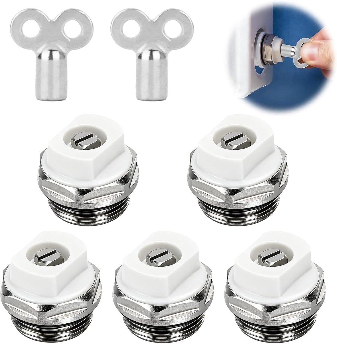 5 radiator vent valves with 2 vent keys, 1/2 inch nickel plated brass heating vent valve, valve to bar 120°C operating - ShopVlot
