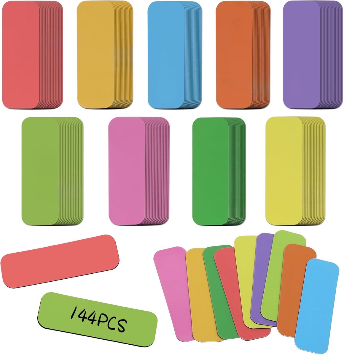 Pack of 144 Magnetic Strips, Writable Magnetic Marker Labels, 60 x 20 mm, Reusable Erasable Magnetic Labels in 9 - ShopVlot