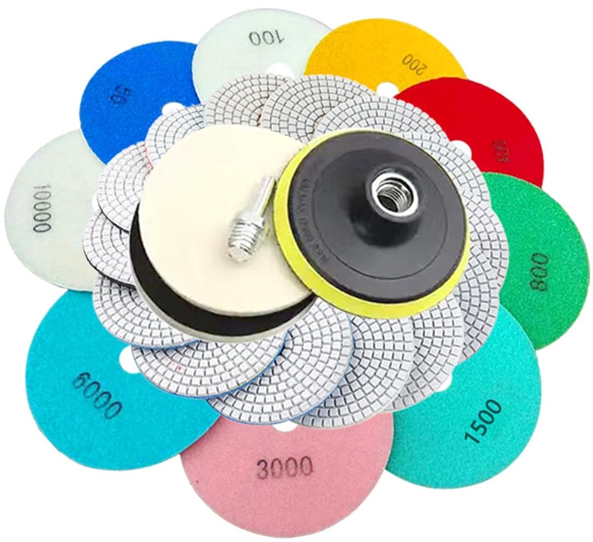5 Inch Diamond Polishing Pads, 12 Piece Granite Polishing Pad Kit with 5/8-11 Back Pads, Granule 50-10,000 Wet and Dry - ShopVlot