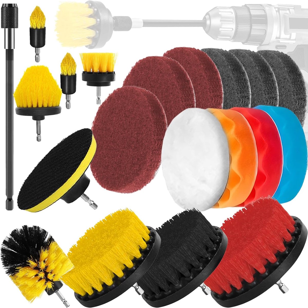 Pack of 20 Drill Brush Attachments, Car Polishing Pads, Universal Drill Brush, Scrubbing Pads and Sponge with - ShopVlot