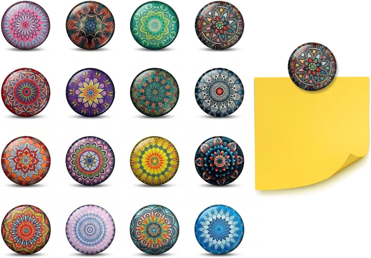 16 stuks kleurrijke mandala-koelkastmagneten, symmetrische kunst, kristalglas, zachte decoratie, 30 x 10 mm - ShopVlot