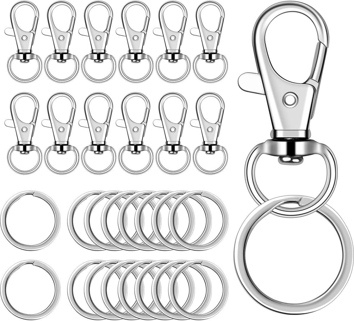 Karabijnhaken, sleutelhangers, 100 stuks, zilver, 50 karabijnhaken met 50 roestvrij stalen sleutelringen, afneembare - ShopVlot