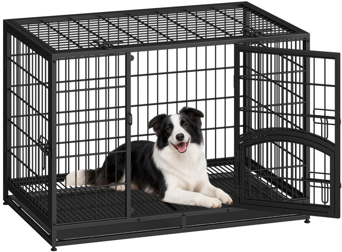 Hzuaneri Heavy Duty Hondenbench, XL Metalen Hondenkooi, 107x70x75cm, Hondenkooi met Zijdeur en Verwijderbare Bak, Gemakkelijk Schoon te Maken, 4-Deurs Huisdierenkooien, Hondenbench Voor Binnen, Zwart