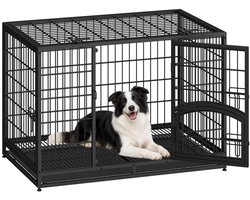 Hzuaneri Heavy Duty Hondenbench, XL Metalen Hondenkooi, 107x70x75cm, Hondenkooi met Zijdeur en Verwijderbare Bak, Gemakkelijk Schoon te Maken, 4-Deurs Huisdierenkooien, Hondenbench Voor Binnen, Zwart