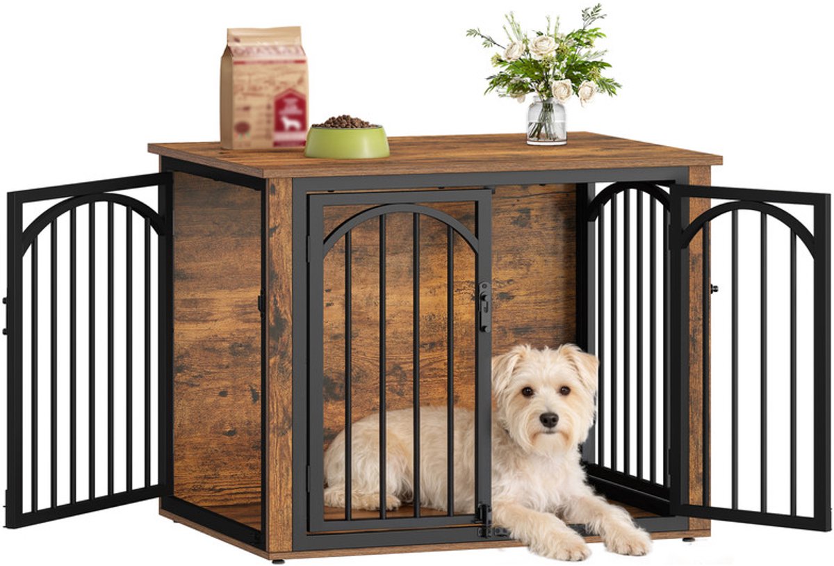 HILINSIE Hondenbench Meubel, 80 x 60 x 63 cm, ustiek Bruin en Zwart,4 Deuren, Eindtafel Dierenbenches, Hondenhok Voor Binnen