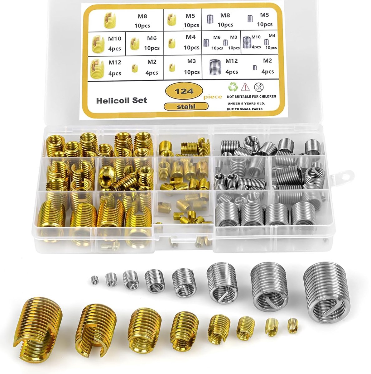 Thread Inserts, 124 Pieces, Self Tapping Set, M2, M3, M4, M5, M6, M8, M10, M12, Thread Inserts for Repair - ShopVlot
