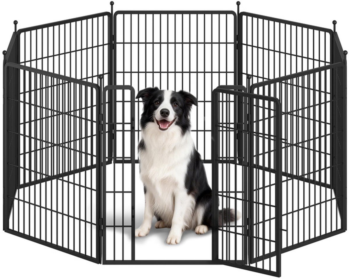Hzuaneri Puppyren Metalen Hondenbox, 80 cm Hoog, 8 Panelen, Zwart, Draagbare Afneembare Box, Geschikt voor Binnen en Buiten, Twee Deursloten