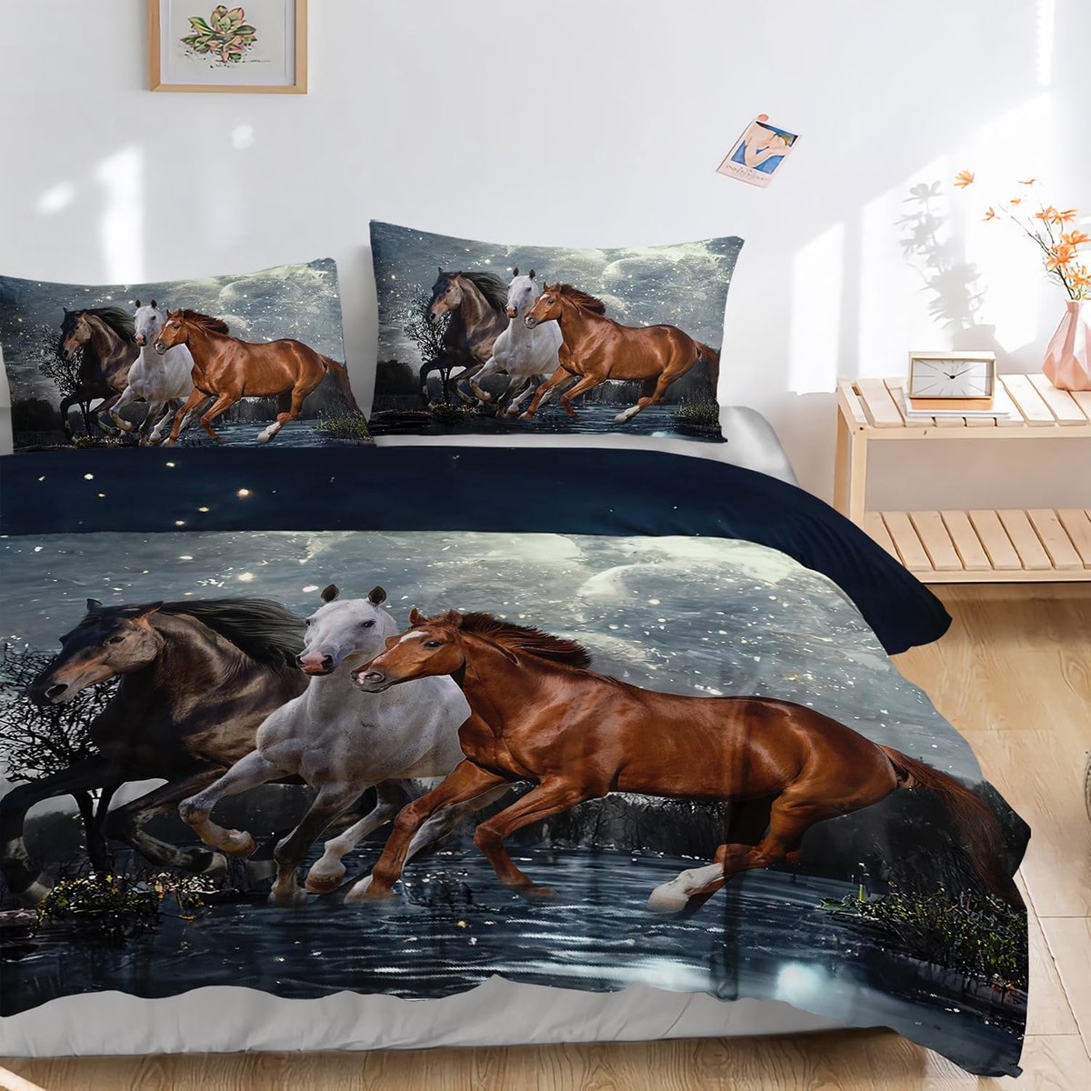 HOSIMA Boys Girls Bedding Set Horse Print Duvet Cover with 2 Pillowcases (Horse S) - ShopVlot