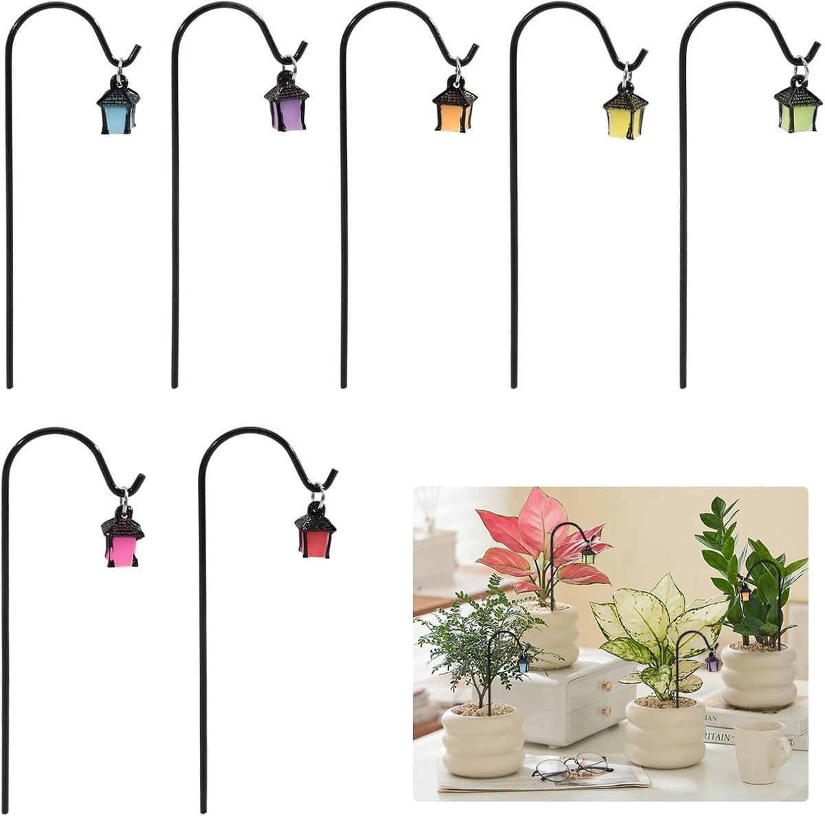 14-delige miniatuurtuinstokken van hars, 7 stijlen, mini-lantaarns als decoratieve plantenstokken met metalen haken - ShopVlot