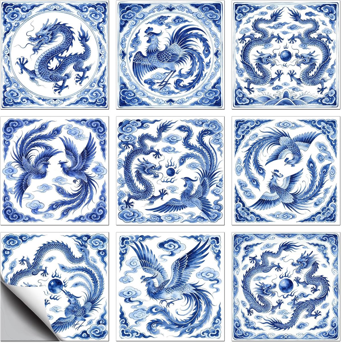 36-delige tegelstickers met oosters drakenmotief, 9 stijlen, blauw, pvc, waterdicht, zelfklevend, verwijderbaar, 10 x - ShopVlot