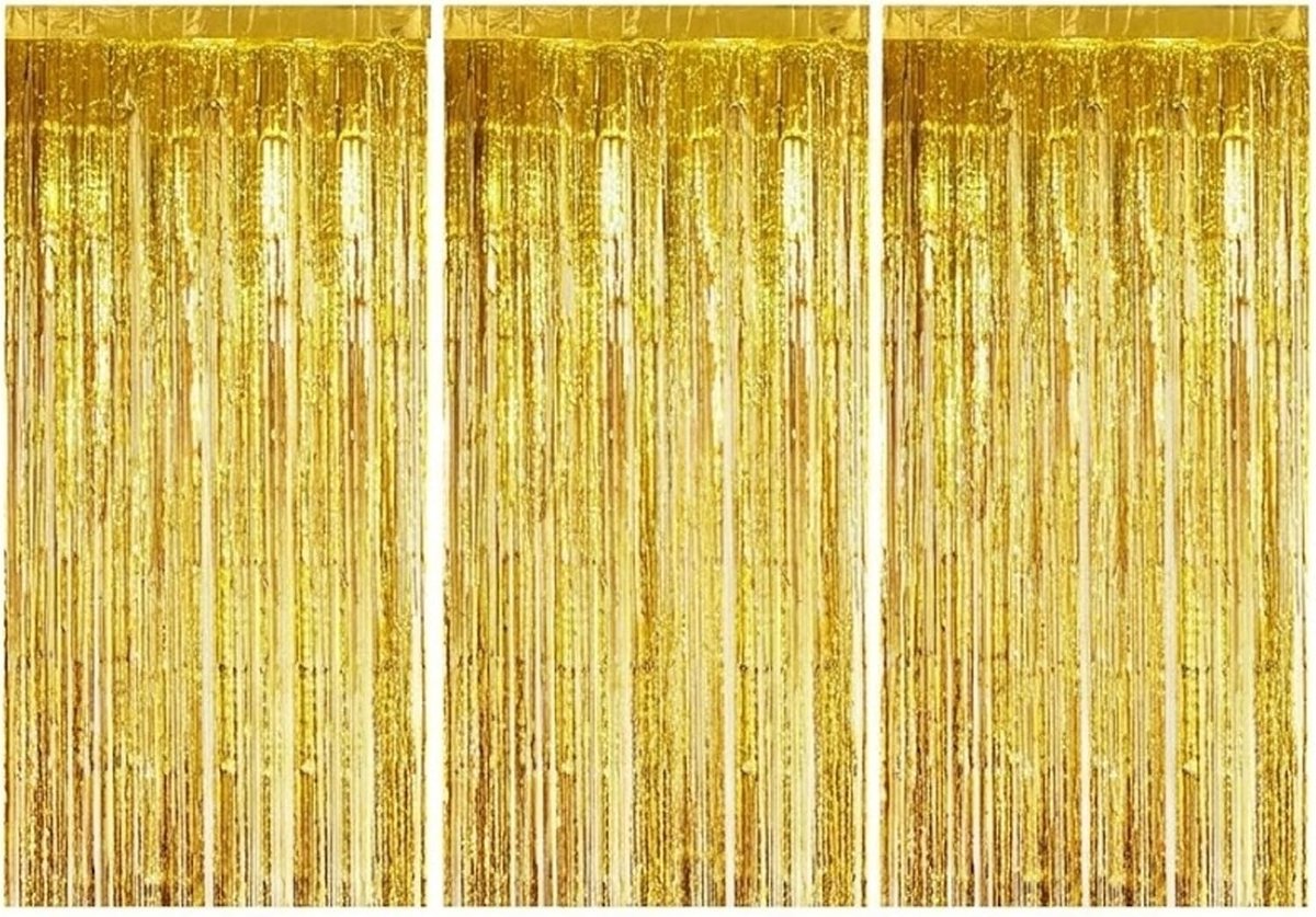 Gouden klatergordijnen, glinsterende klatergordijnen, feestgordijnen met glitter, achtergrond met aluminium kwastjes - ShopVlot