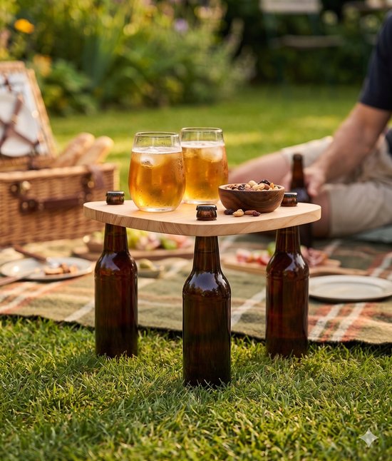Geen Tafel? Wel Bier. - Picknicktafel op Bierflessen - Lichtgewicht Paulownia Hout, In 5 Sec Opgezet - Camping, Festival & Borrel - Dokkodo — afbeelding 3
