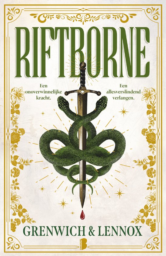 Boek 'Riftborne' met een zwaard omwonden door een groene slang, met bloeddruppel en gouden rand.