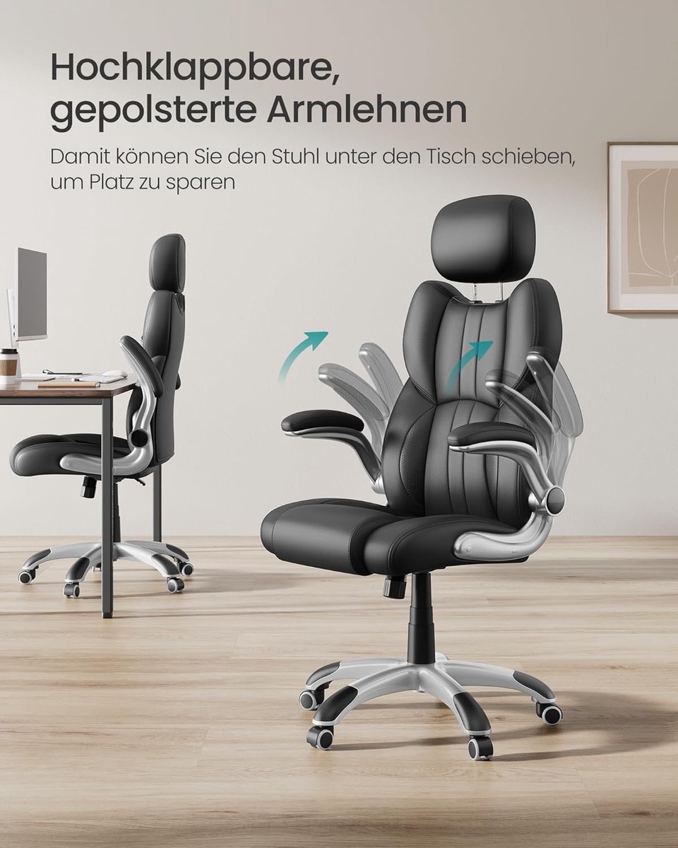 Conway Living® Luxe Ergonomische Bureaustoel - Directeurstoel - Inklapbare Armleuningen - Gaming Stoel - In Hoogte Verstelbare Hoofdsteun - Kunstleer - Zwart – foto 3