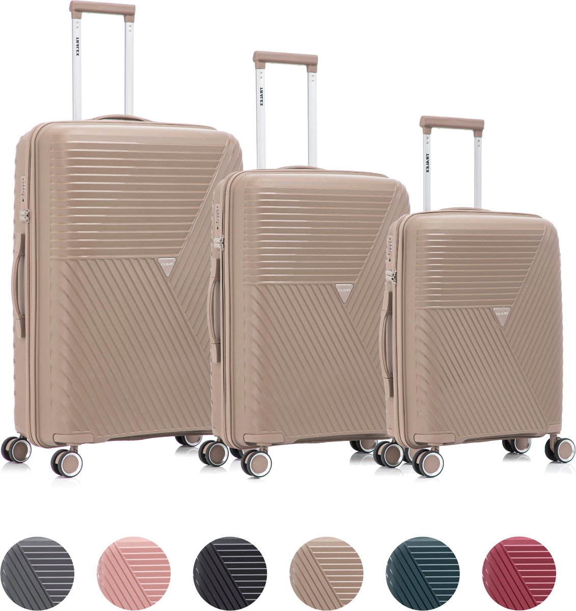 TRALEX - Voyager - 3 Delig kofferset - Handbagage 42L - Medium koffer 67L & Grote koffer 97L - Polypropyleen - Harde schaal - TSA-slot - Lichtgewicht - Flexibel - Duurzaam - Stille (rubberen) wielen - Dubbele spinnerwielen - Mocha Brown