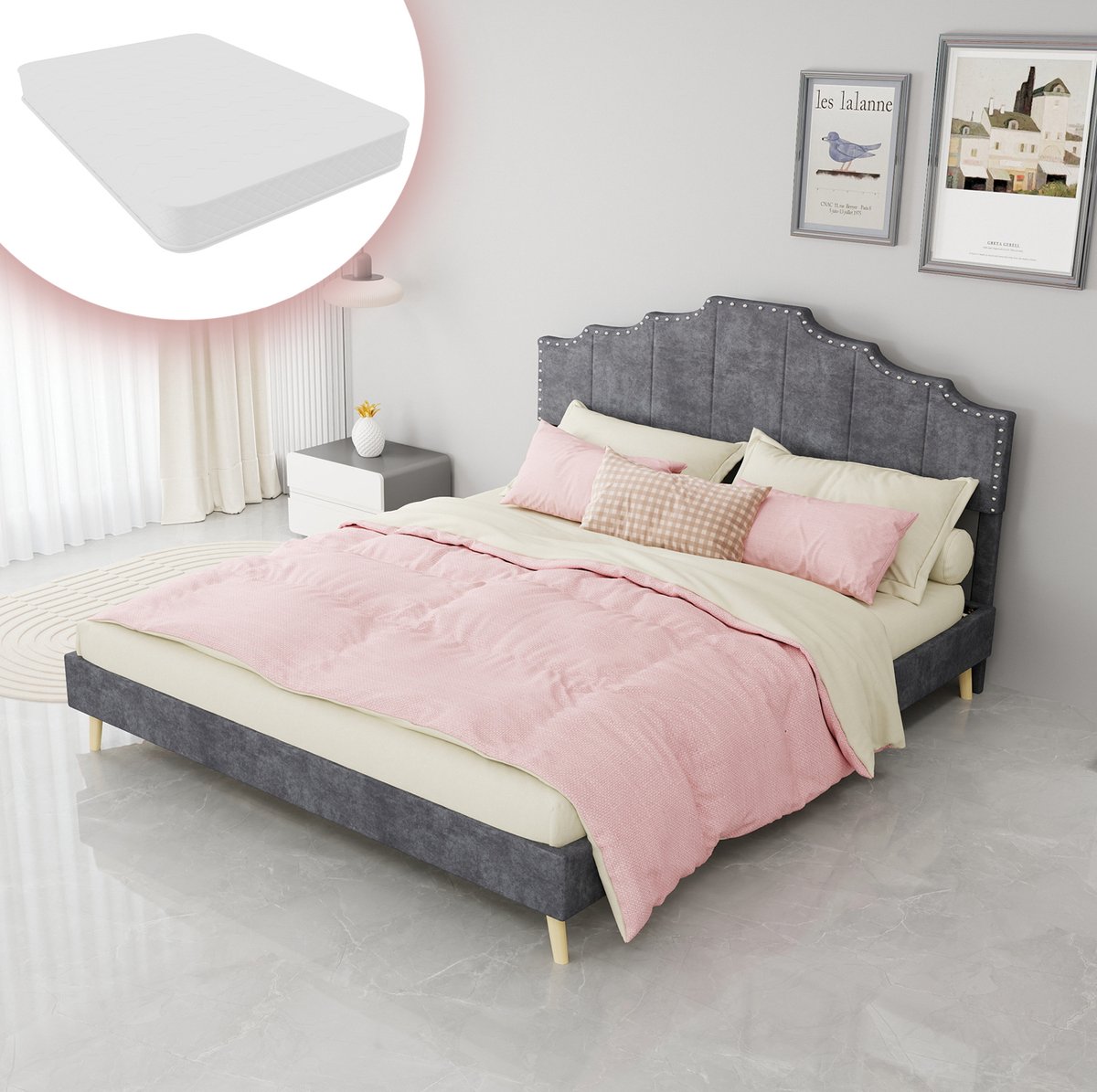 COVREO Bedframe 160x200 cm grijs stof-metaal, met hoofdbord en matras