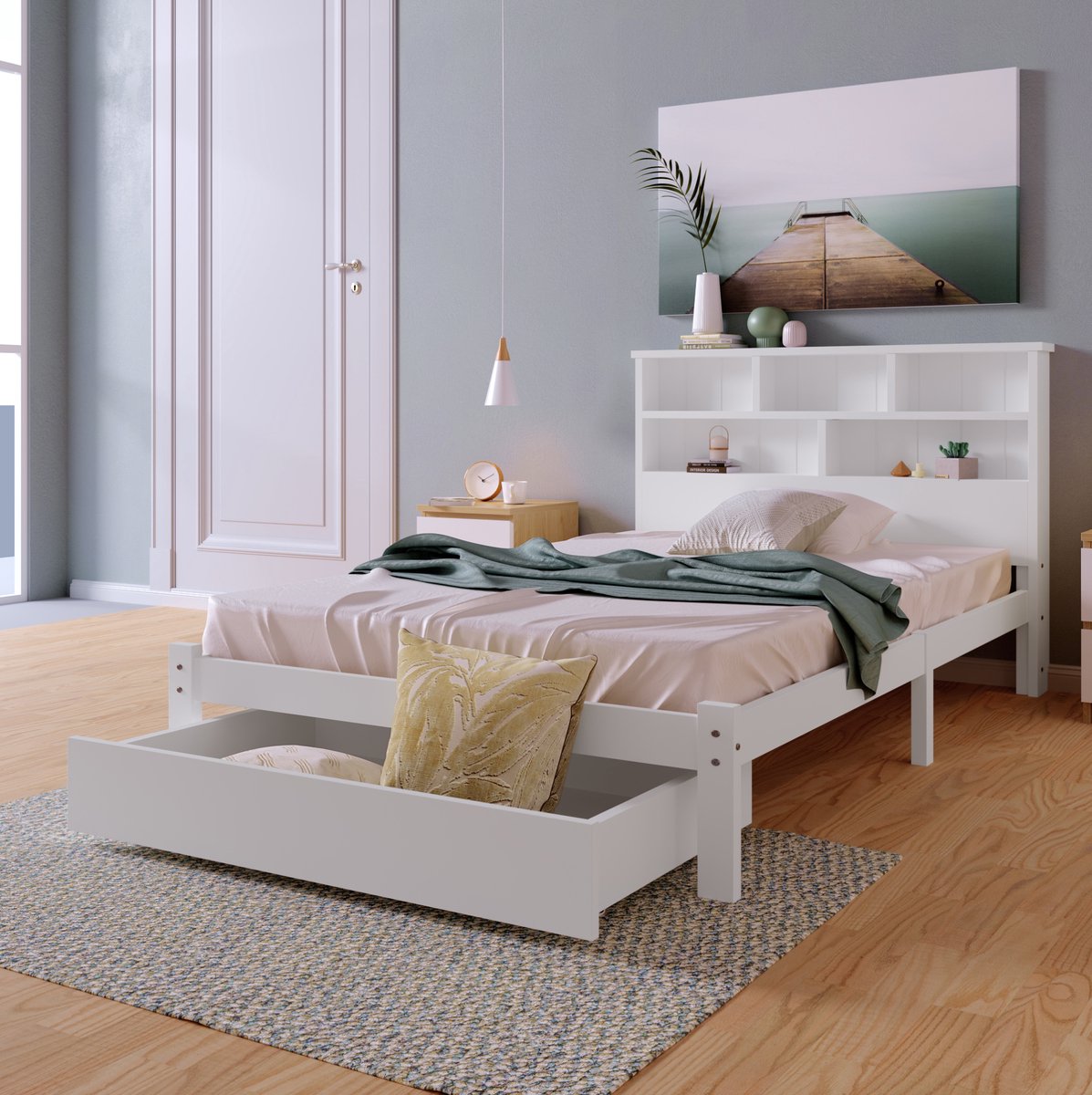 COVREO Bedframe 90x200 cm – wit, met opberglades, zonder matras