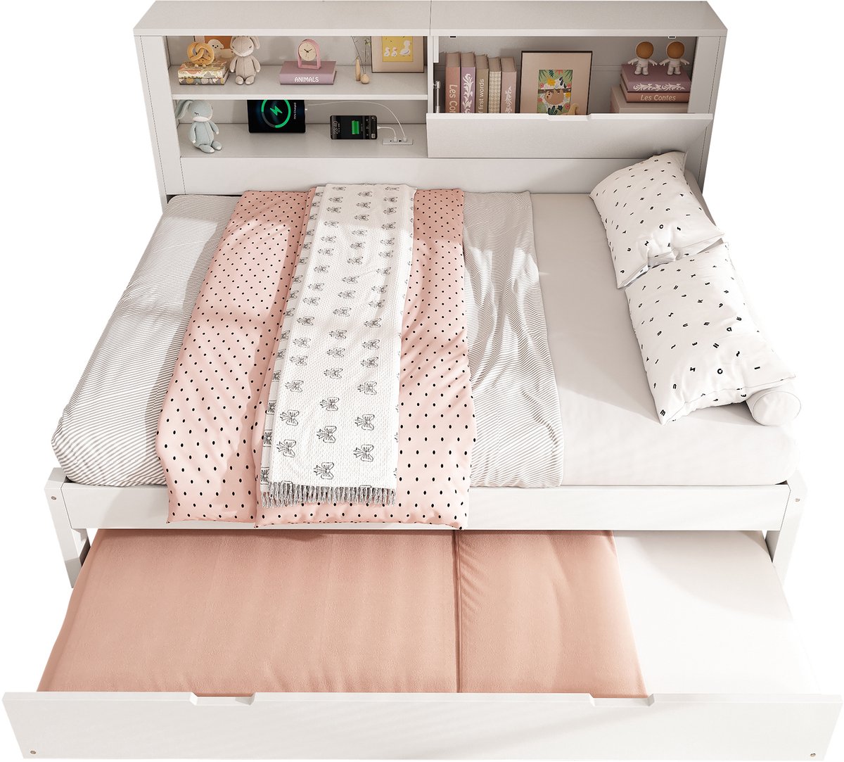 COVREO Slaapbank met uitziehbed – 198x170x100 cm – Bedbank van hout, MDF en spaanplaat – Opbergruimte – Wit - zonder matras