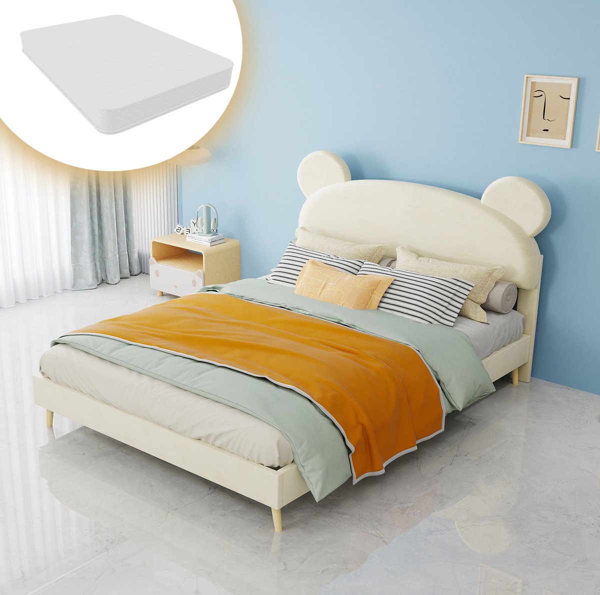 COVREO Bed 140x200 cm beige, gestoffeerd met pluche hoofdbord, inclusief matras